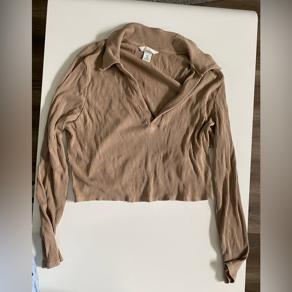 H&M Brown Long- Sleeve Collared Shirt
